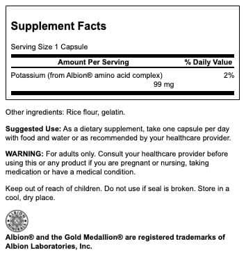 Capsules and bottle of Swanson Albion Potassium 99 mg.