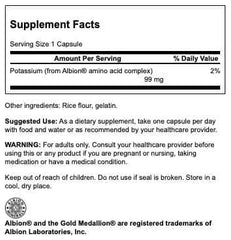Capsules and bottle of Swanson Albion Potassium 99 mg.