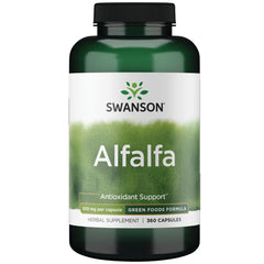 Swanson Alfalfa 500mg capsules in bottle for daily energy support.