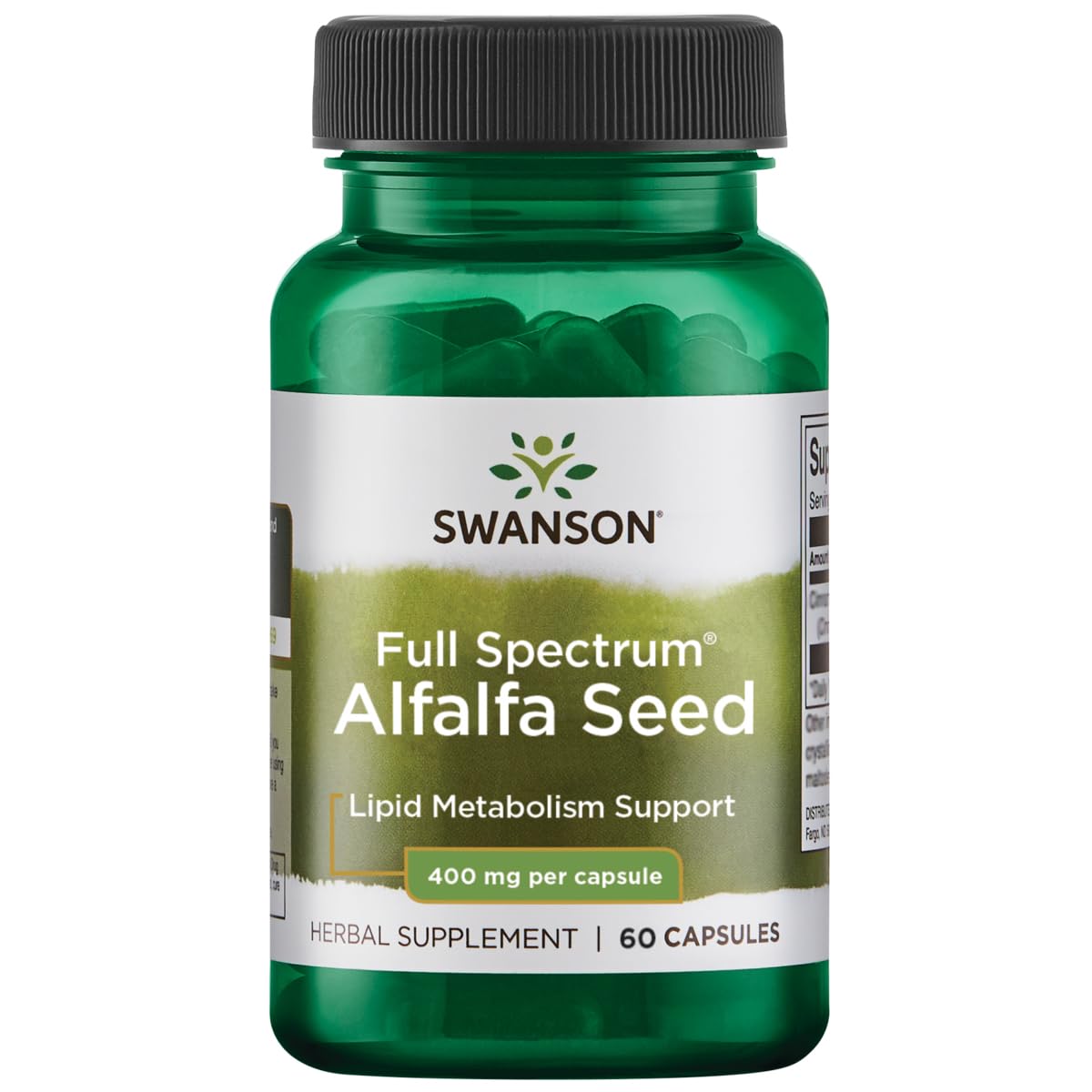 Swanson alfalfa seed 400 mg bottle highlighting convenient daily nutrition capsules