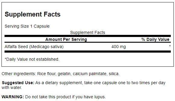 Swanson alfalfa seed capsules close-up shows easy daily nutrition support