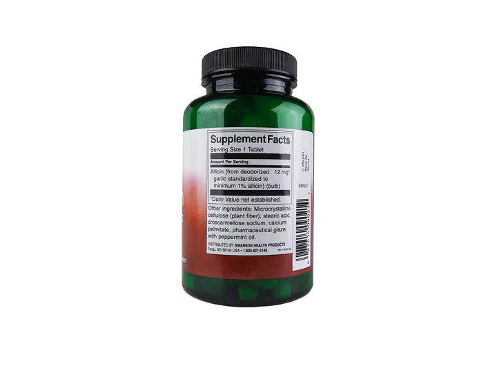 Swanson Allicin bottle label showcases garlic-derived allicin as a convenient supplement option.