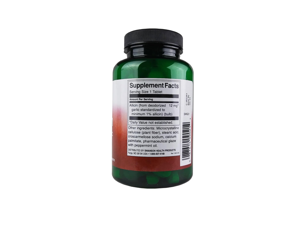 Swanson Allicin bottle label showcases garlic-derived allicin as a convenient supplement option.