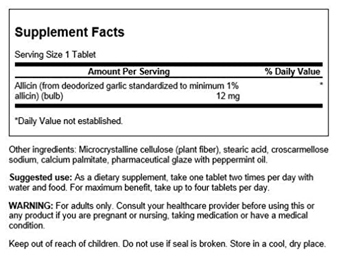 Swanson Allicin tablets close-up emphasizing 12 mg per tablet for easy daily dosing.