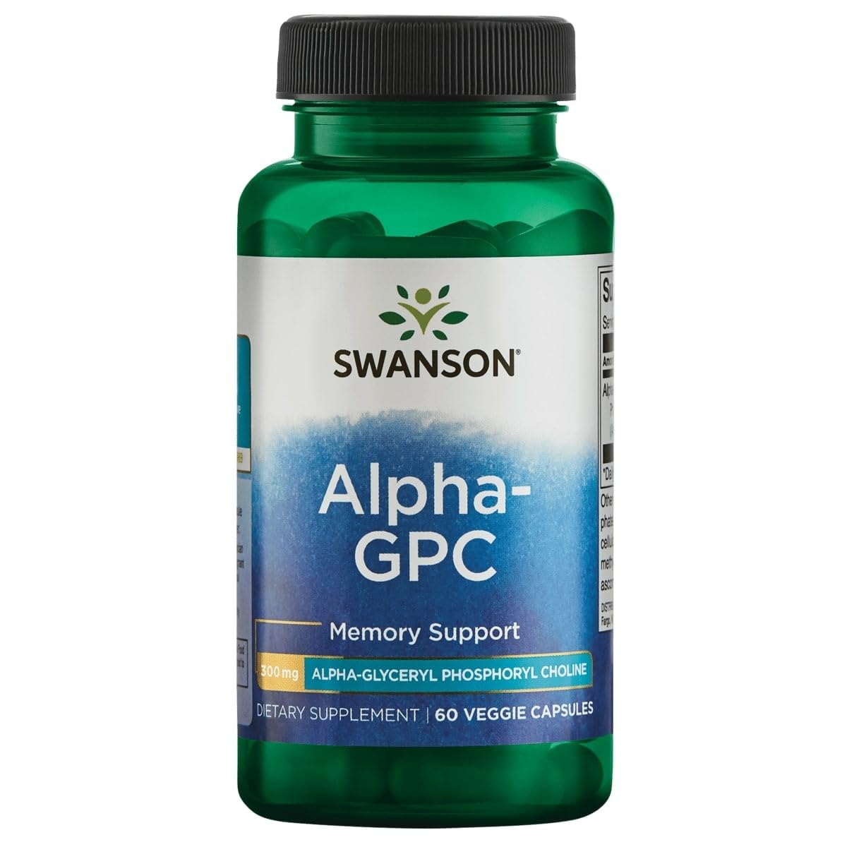 Swanson Alpha-GPC capsules close-up showing easy-to-swallow design.