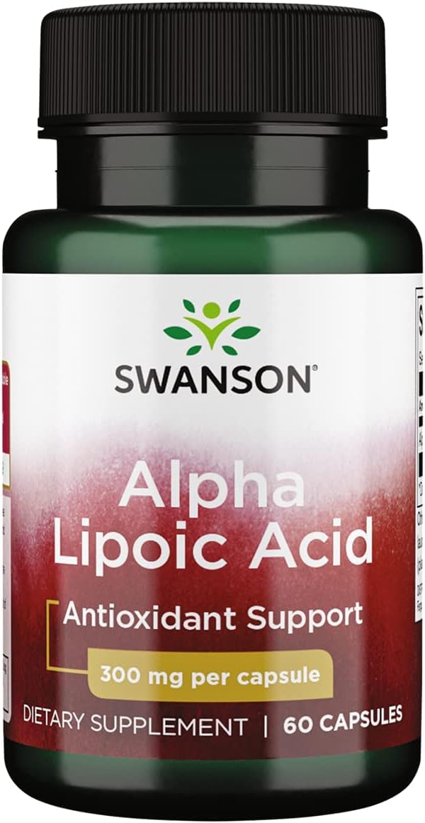 Swanson Alpha Lipoic Acid 300 mg capsules in a bottle for daily antioxidant support.