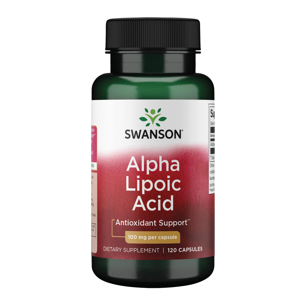 Swanson Alpha Lipoic Acid bottle front showing label for daily metabolic support.