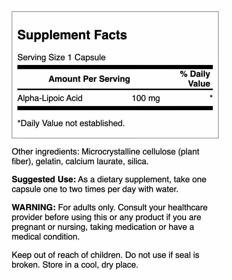 Swanson Alpha Lipoic Acid capsules closeup highlighting 100 mg per serving.