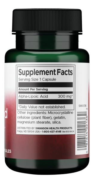 Closeup of Swanson Alpha Lipoic Acid capsules showing the 300 mg dose.