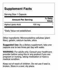 Swanson Alpha Lipoic Acid capsules closeup highlighting 100 mg per serving.