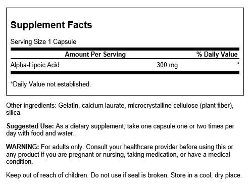 Swanson Alpha Lipoic Acid capsules front shows the 300 mg dose.