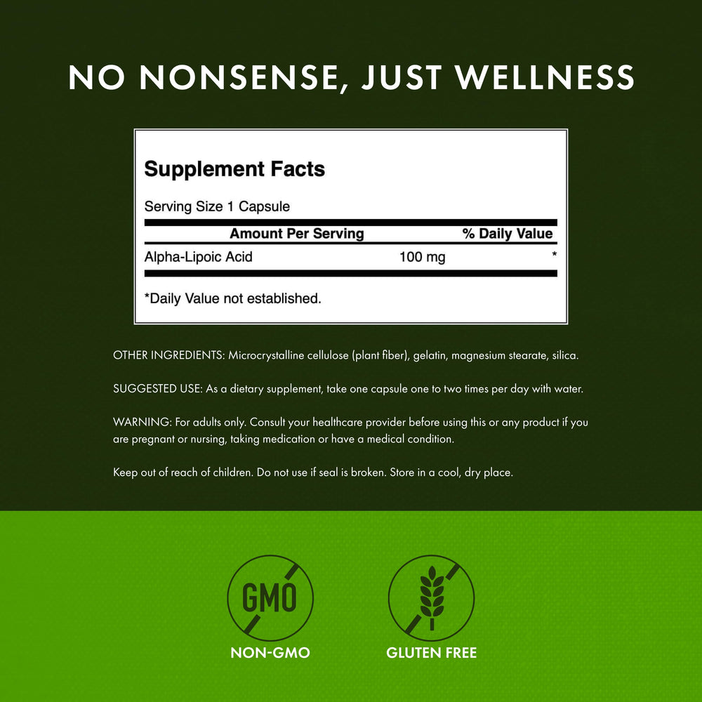 Swanson Alpha Lipoic Acid label highlights vitamins C and E for antioxidant support.