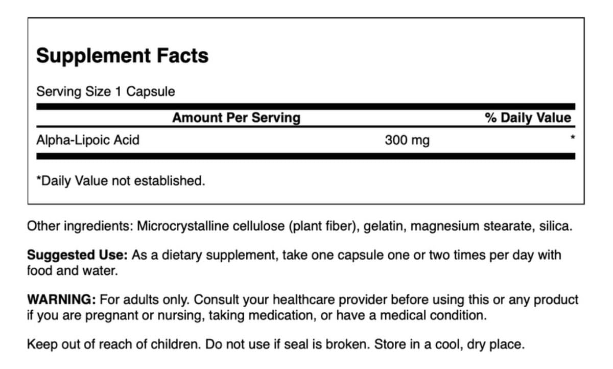 Swanson Alpha Lipoic Acid packaging label highlighting GMP and third-party testing reliability.