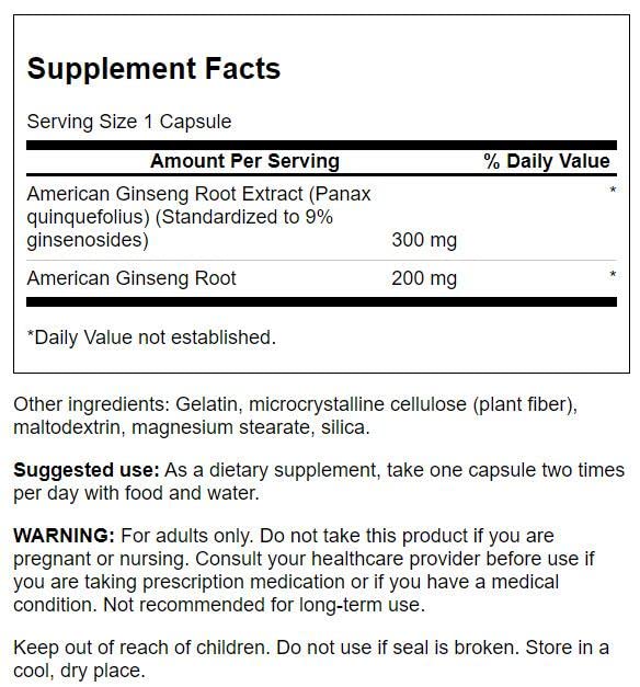 Swanson American Ginseng bottle side—capsules help cope with stress.