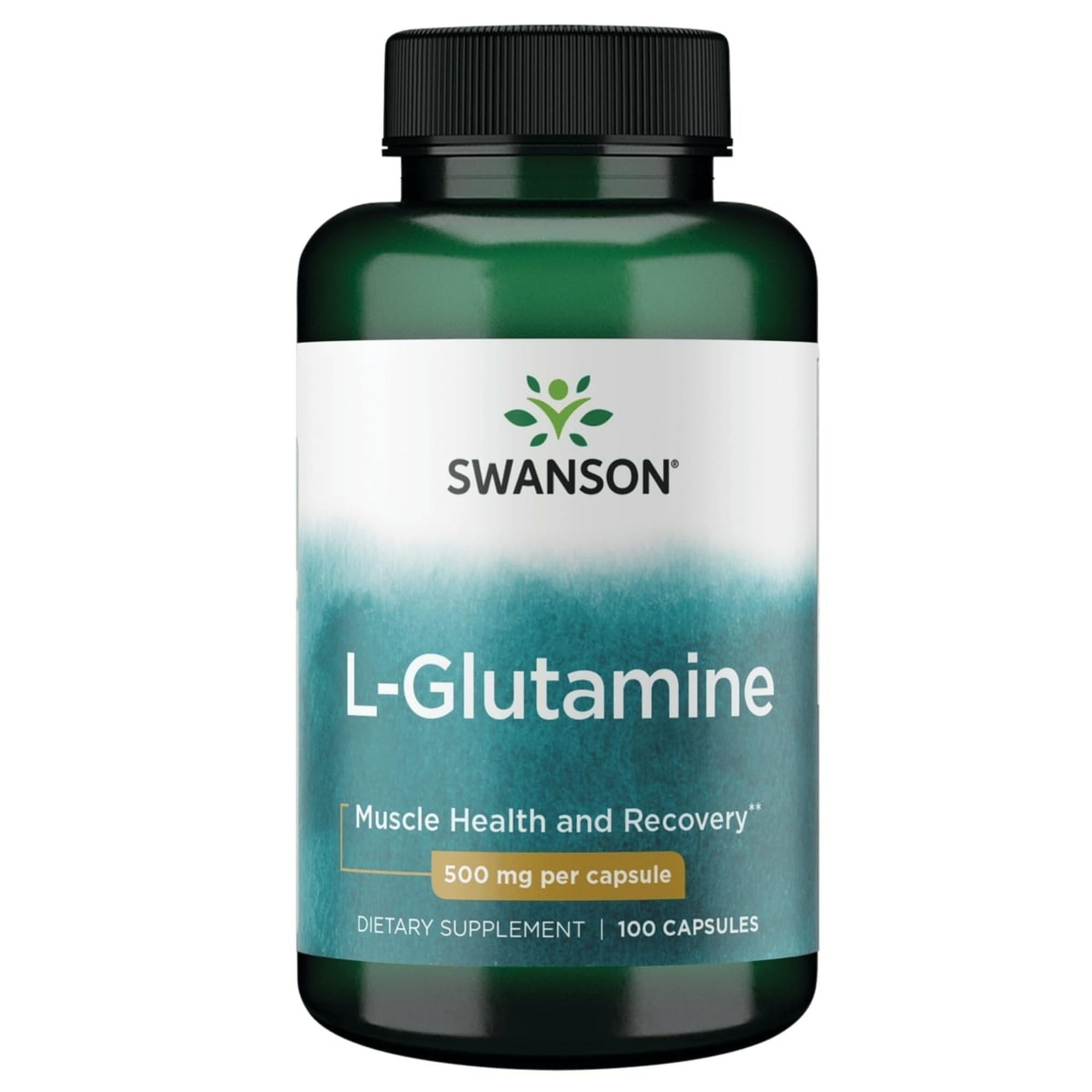 Swanson L-Glutamine 500mg bottle front view showing after-workout recovery use