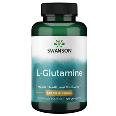 Swanson L-Glutamine 500mg bottle front view showing after-workout recovery use