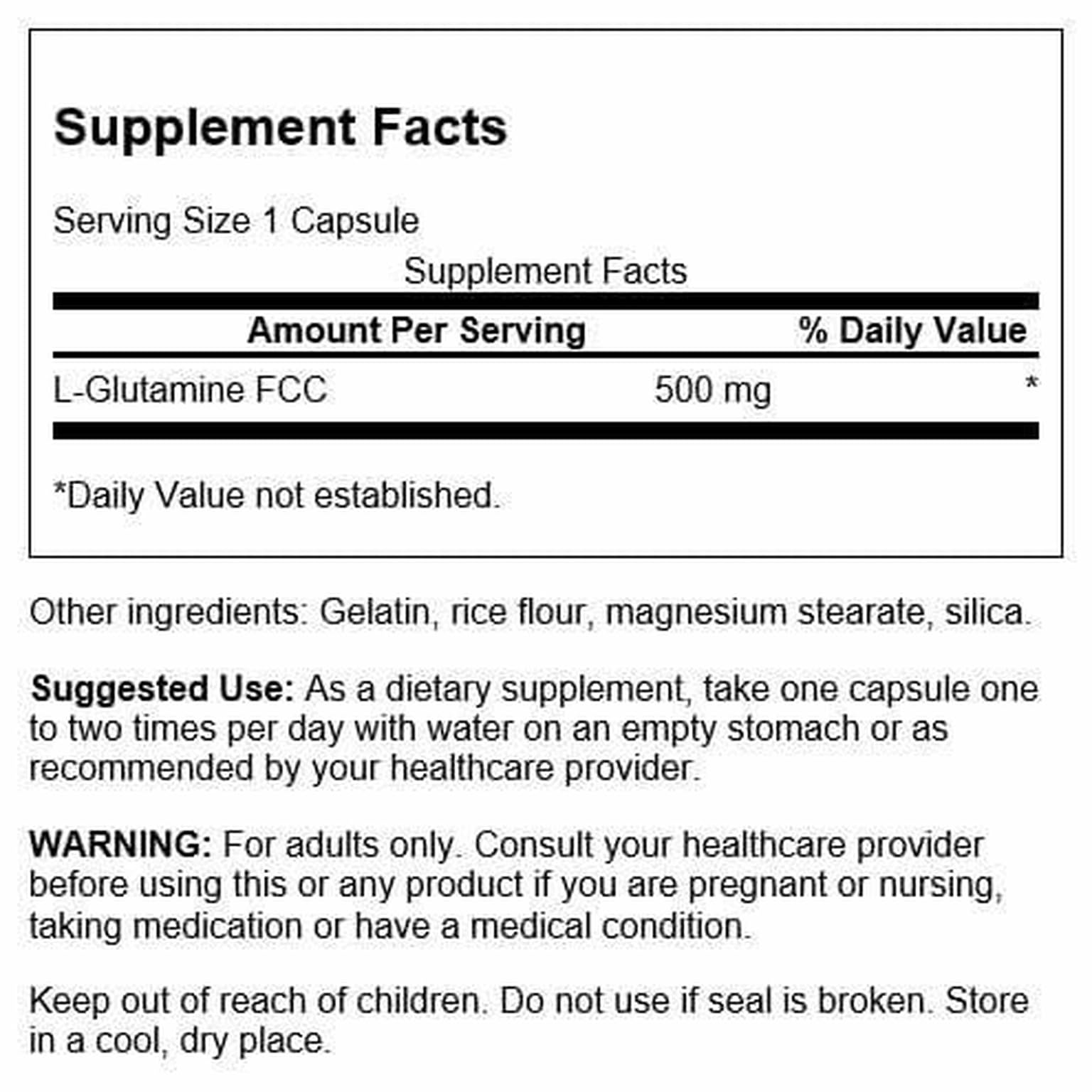 Swanson L-Glutamine 500mg capsules stacked for daily recovery support