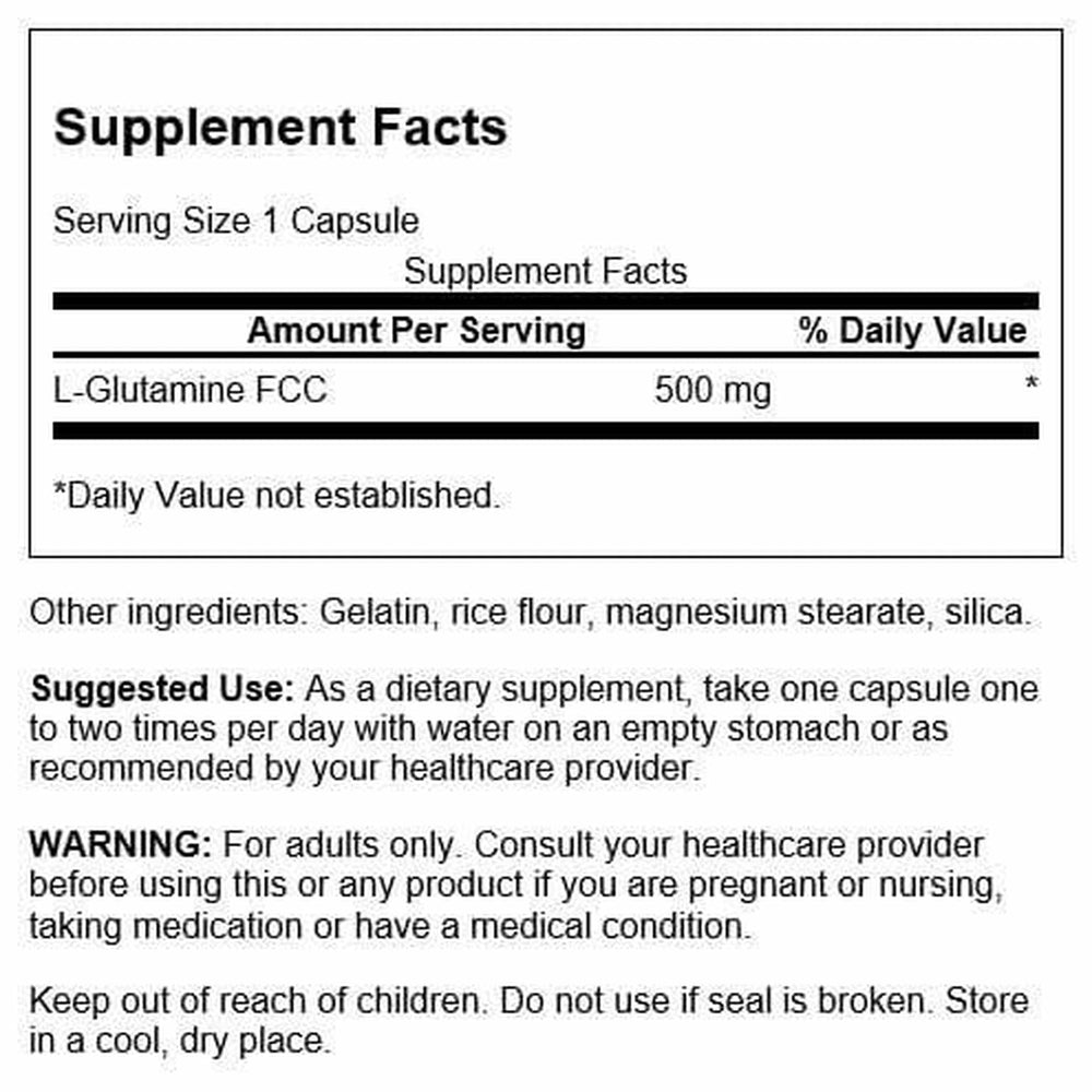 Swanson L-Glutamine 500mg capsules stacked for daily recovery support