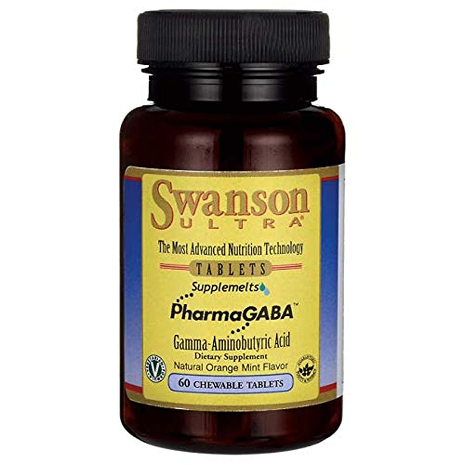 Close-up of Swanson PharmaGABA capsules highlights easy daily relaxation.