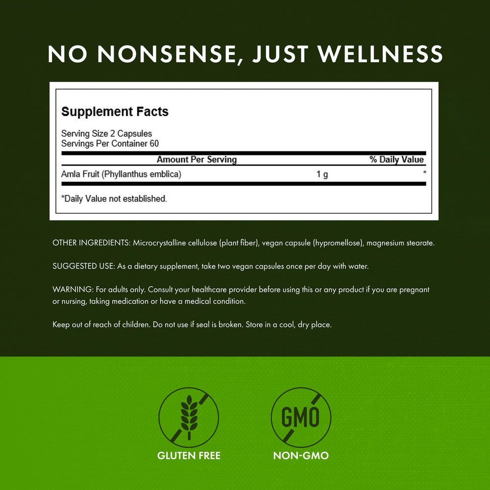 Swanson Amla fruit powder capsule image emphasizes natural phytonutrients in every serving