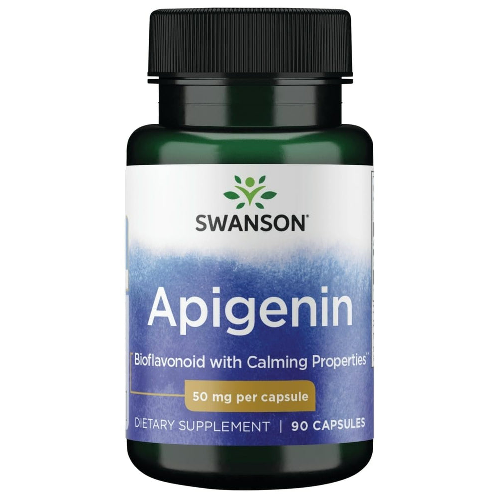 Swanson Apigenin bottle-front view showing 50 mg capsules for sleep support.