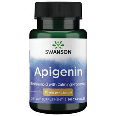 Swanson Apigenin bottle-front view showing 50 mg capsules for sleep support.