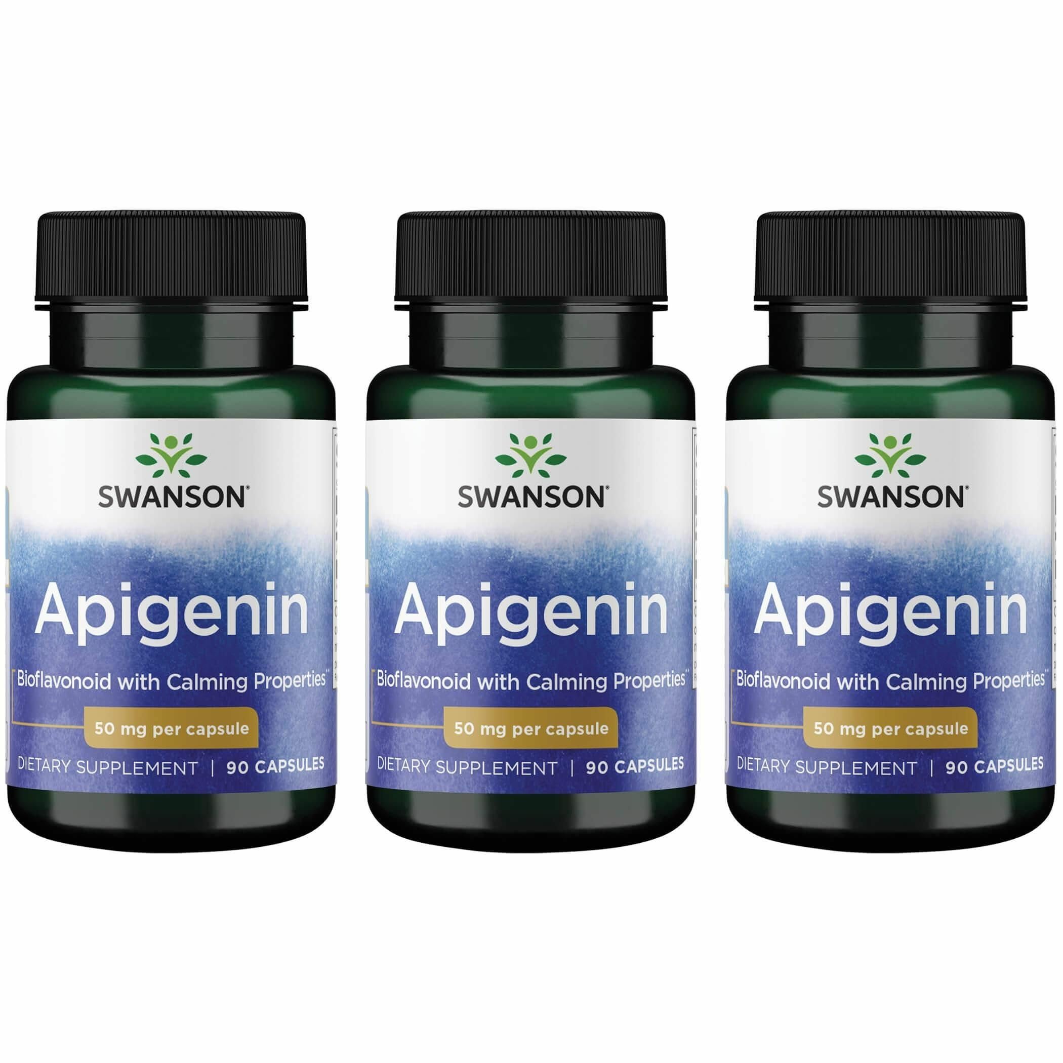 Swanson Apigenin bottle pouring showing easy daily dosage for relaxation support.
