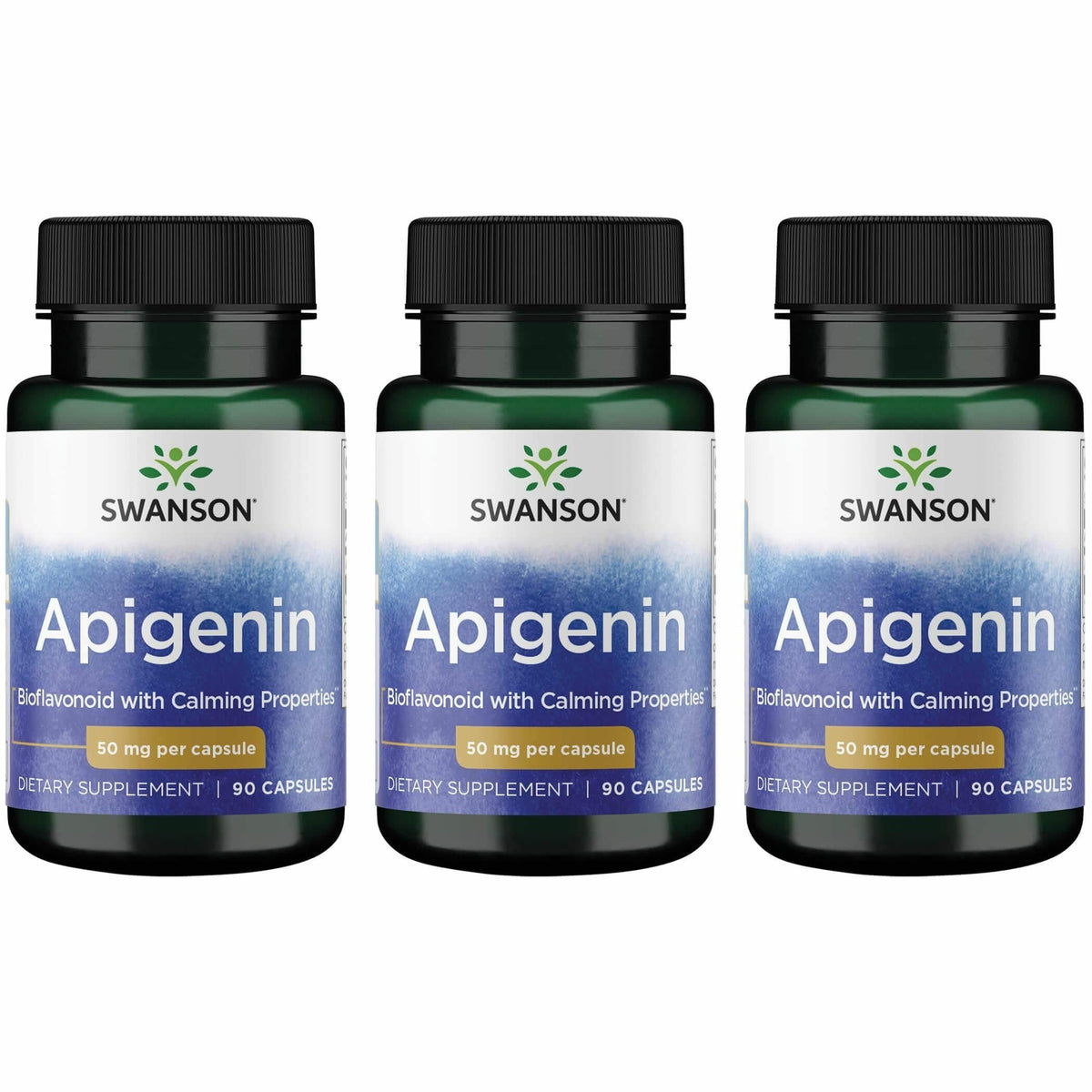 Swanson Apigenin bottle pouring showing easy daily dosage for relaxation support.