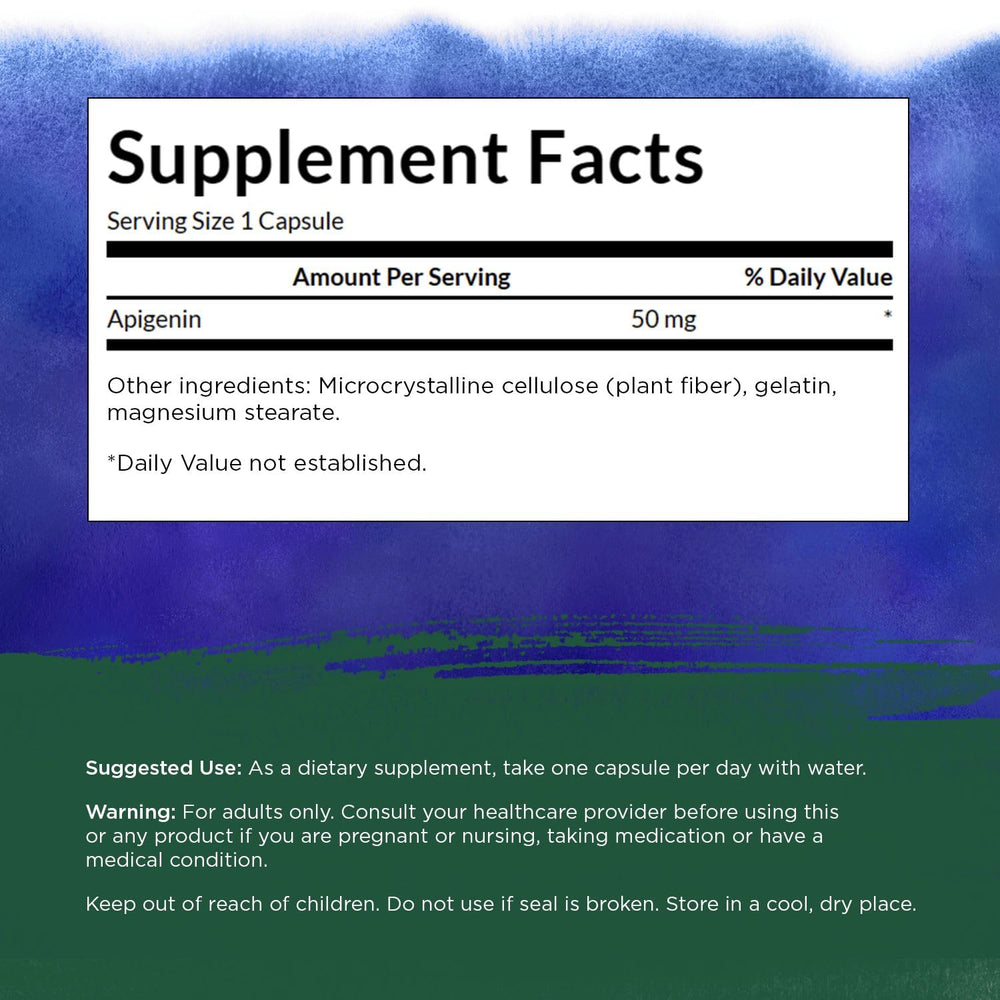 Closeup of Swanson Apigenin capsules highlighting daily stress support.