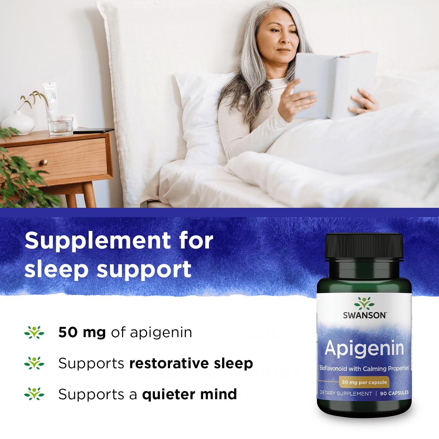 Swanson Apigenin packaging box beside the bottle to emphasize lifestyle supplementation.