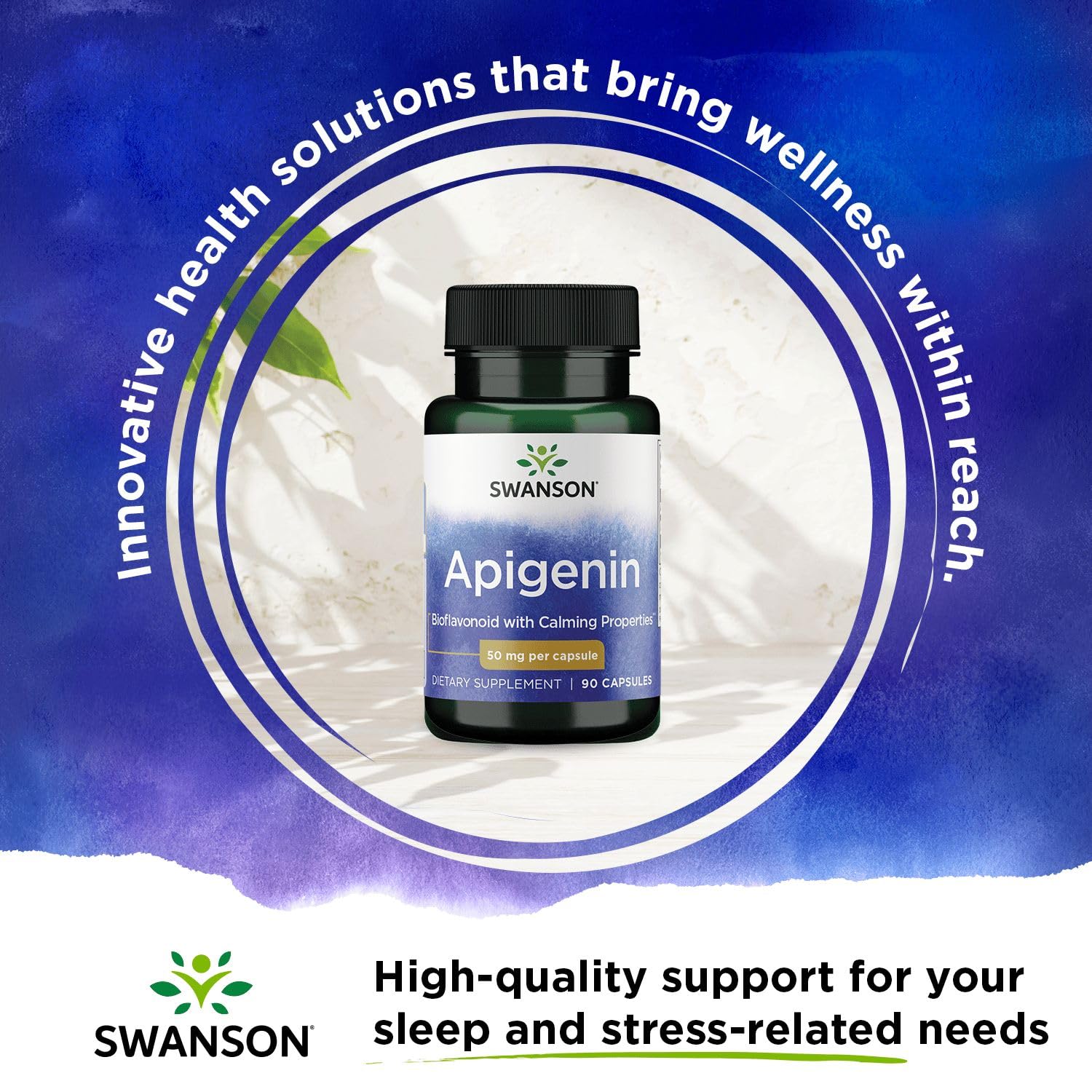 Serving setup with glass and bottle of Swanson Apigenin suggesting routine intake.