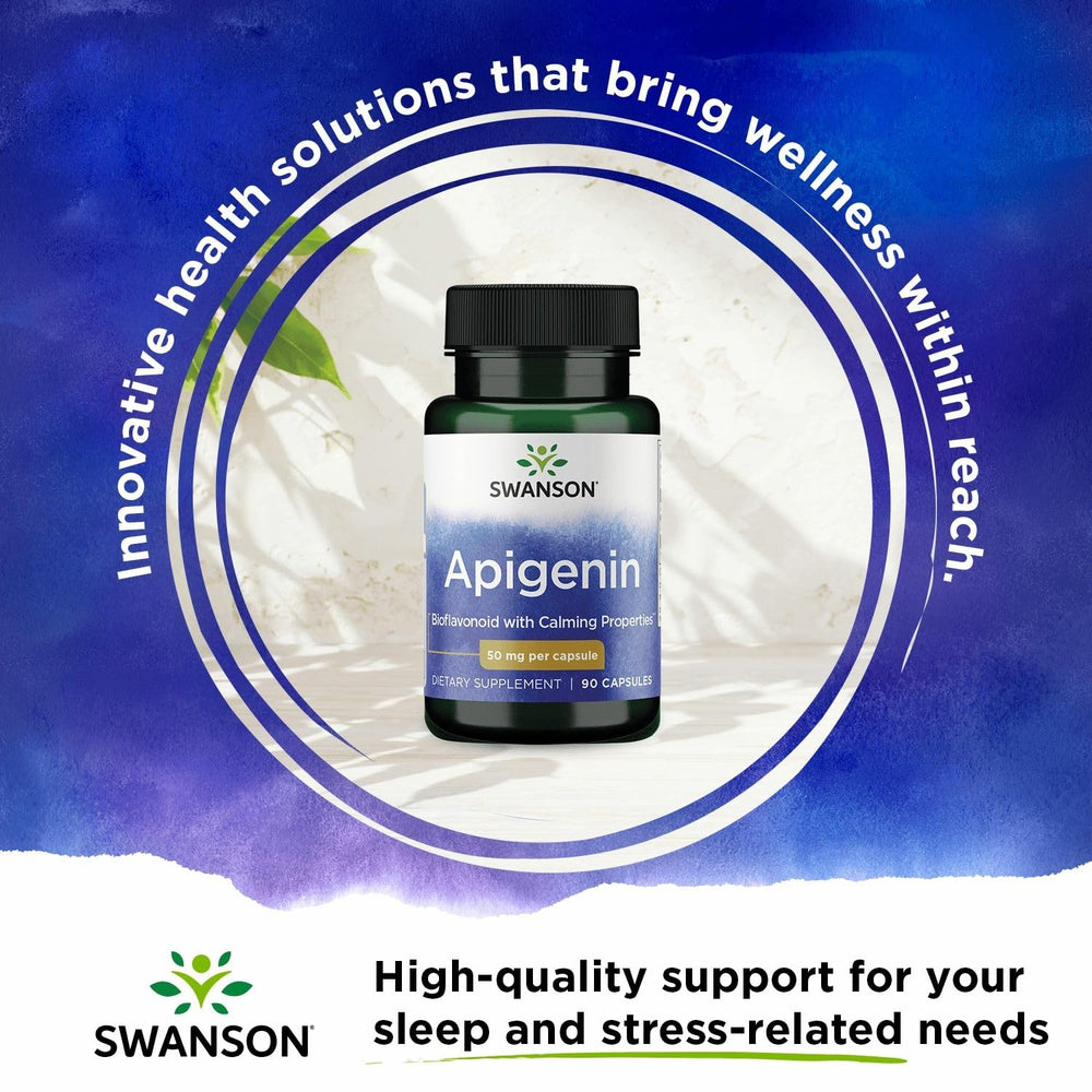 Swanson Apigenin bottle beside a peaceful setting suggesting sleep support.
