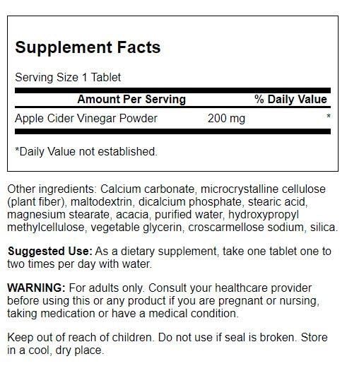 Swanson Apple Cider Vinegar tablets showcasing convenient vegetarian non GMO lifestyle supplement.