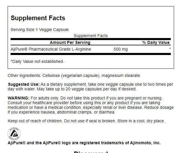 Swanson L-Arginine capsules close-up for daily amino acid support.