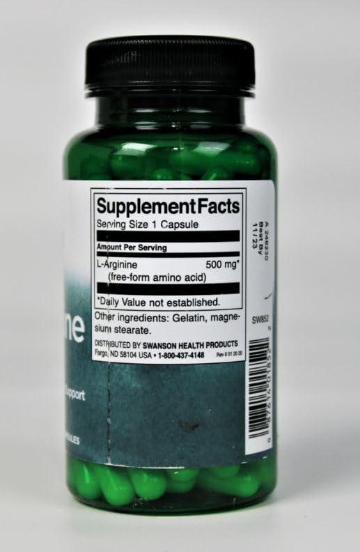 Swanson L-Arginine packaging shows GMP certified production and third party testing