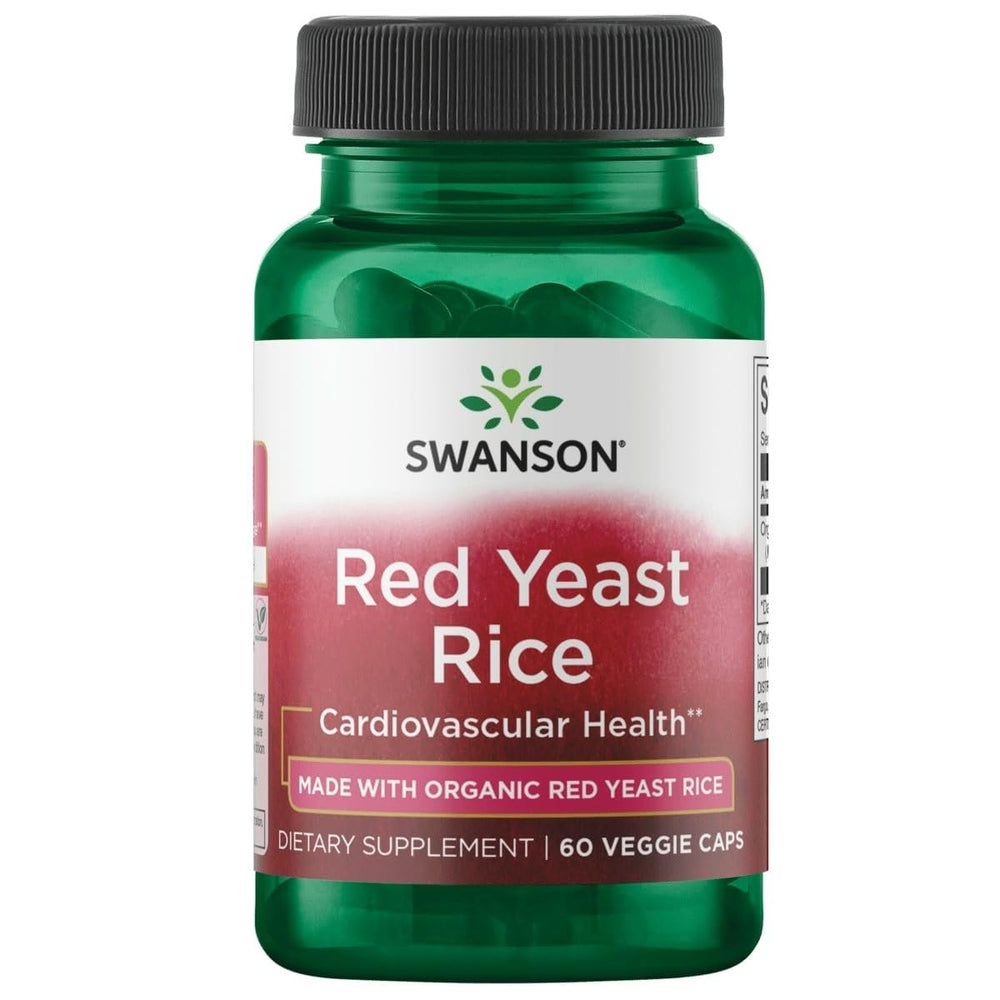 Swanson Arroz de Levadura Roja Orgánico 600 mg, botella de cápsulas para bienestar diario.