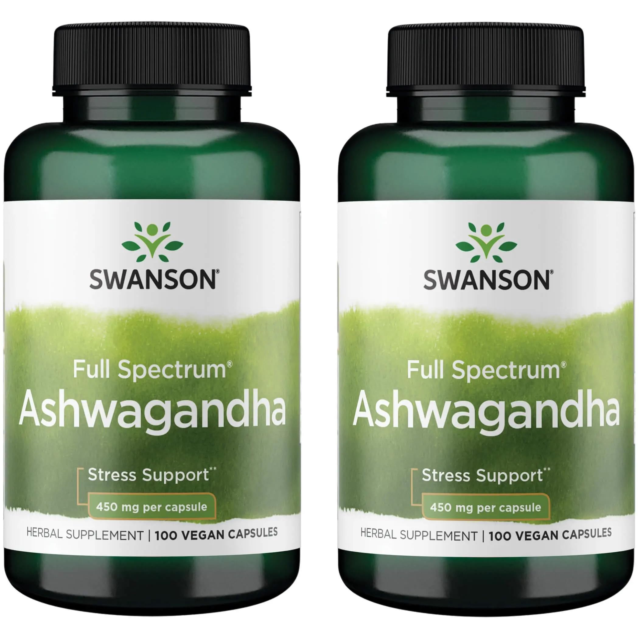 Swanson Ashwagandha powder bottle front promotes calm mood and energy.