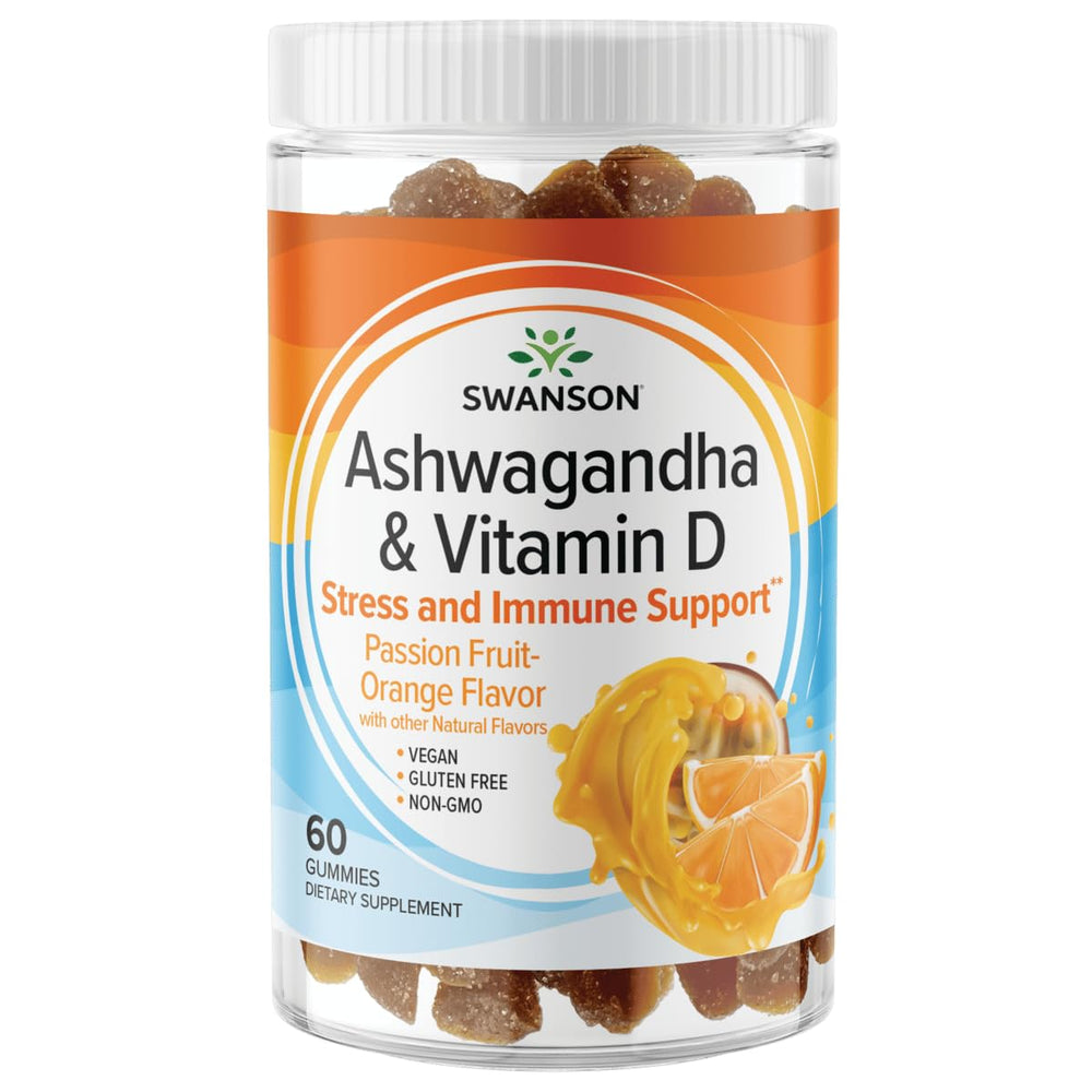Swanson Ashwagandha and Vitamin D passionfruit gummy bottle front for calm mood support