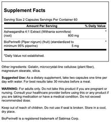 Swanson Ashwagandha capsules with Bioperine close-up highlighting absorption.