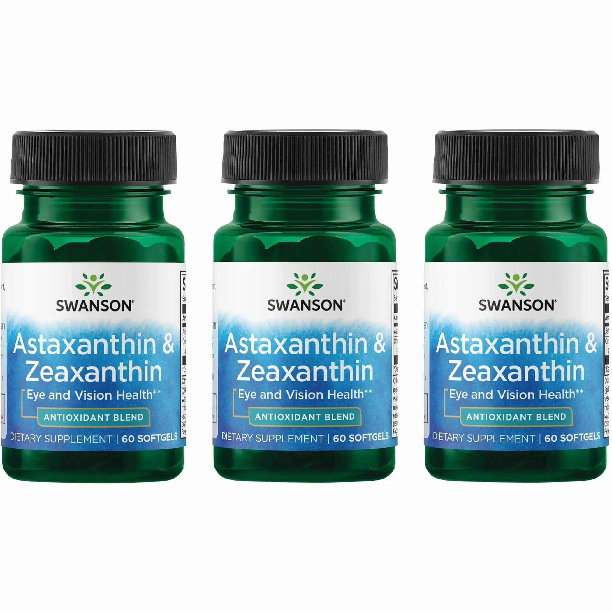 Swanson Astaxanthin & Zeaxanthin softgels bottle on countertop for eye health