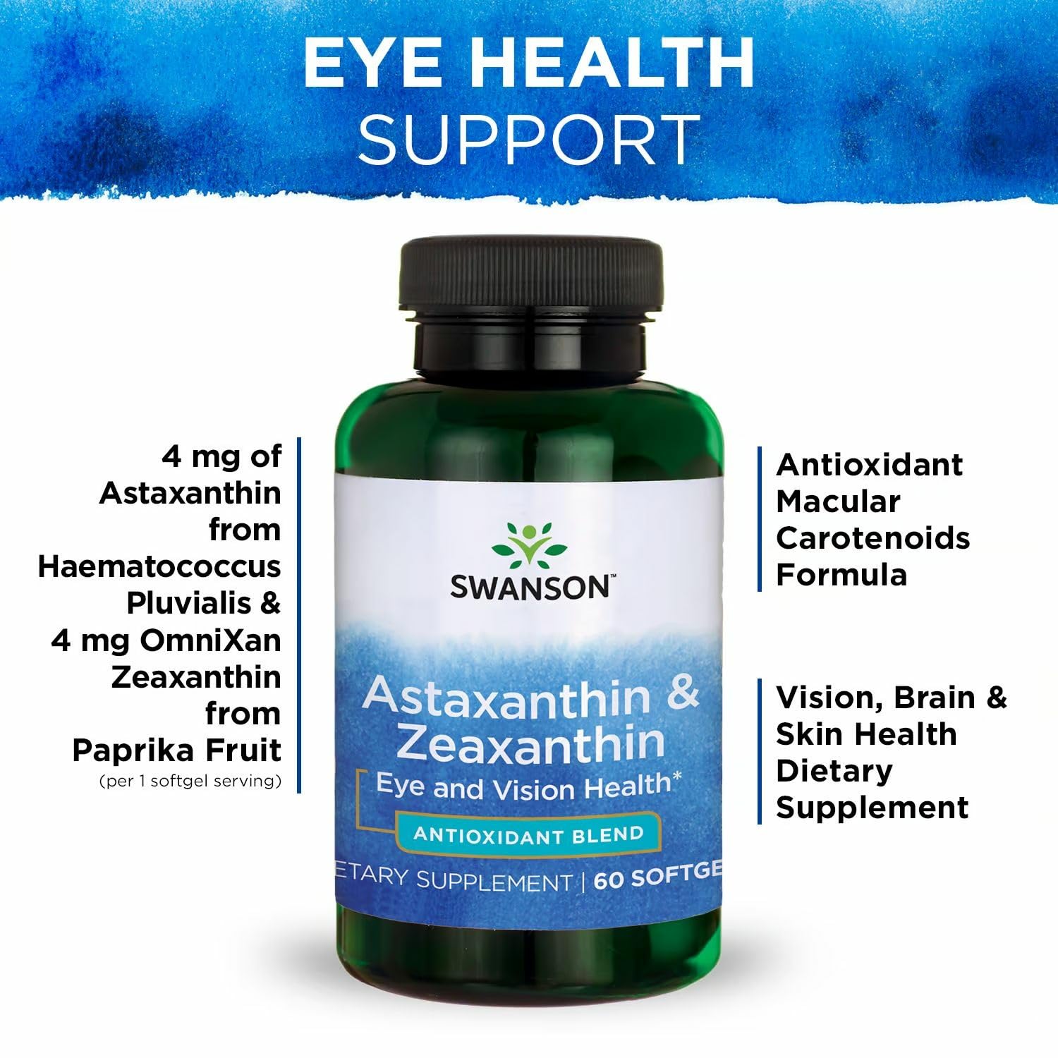 Retina icon and product bottle highlighting eye health focus