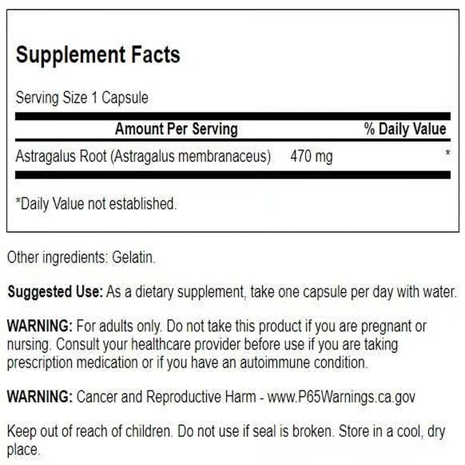 Close-up of Swanson astragalus root label highlighting purity and dosage.