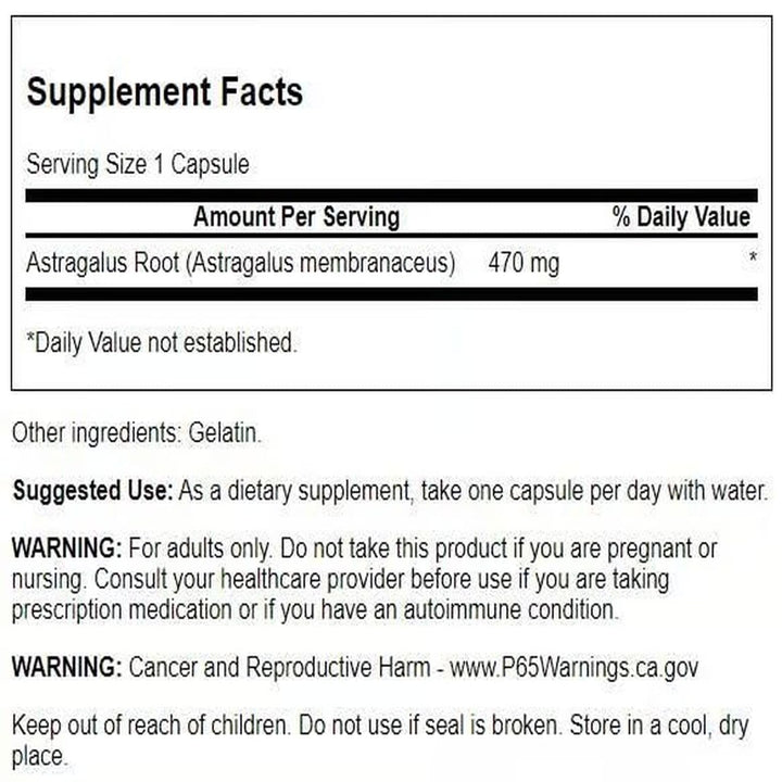 Close-up of Swanson astragalus root label highlighting purity and dosage.