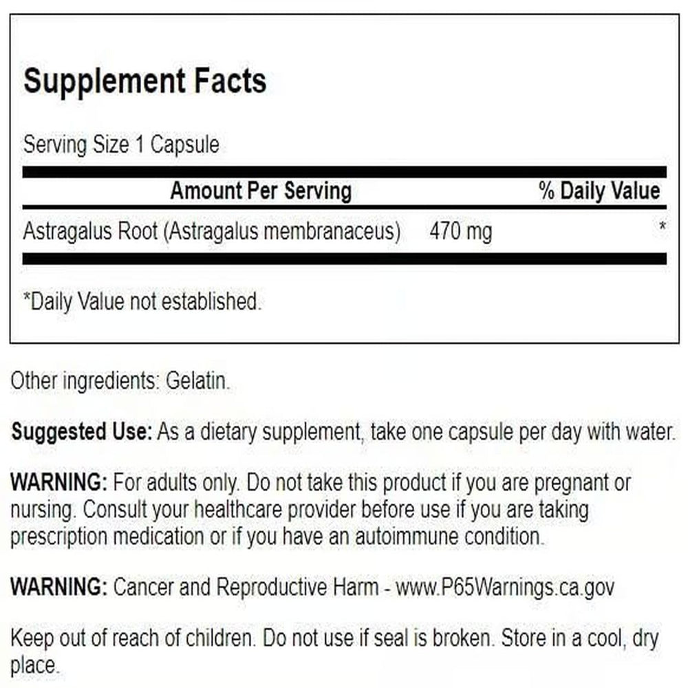 Close-up of Swanson astragalus root label highlighting purity and dosage.