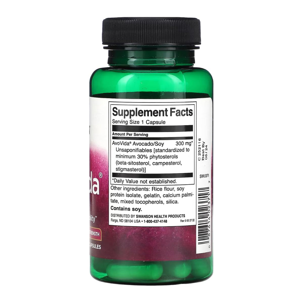 Swanson AvoVida capsules close-up emphasizing phytosterol content for tissue health
