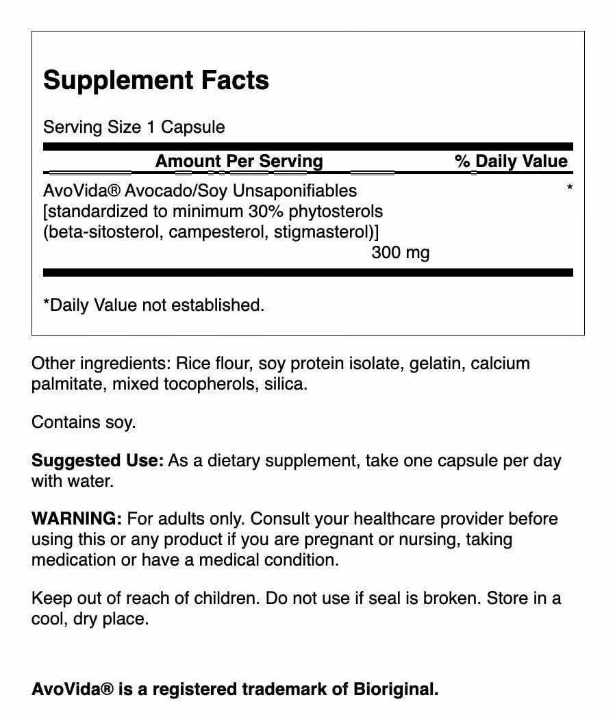 Swanson AvoVida capsules close-up highlighting unsaponifiables for tissue support