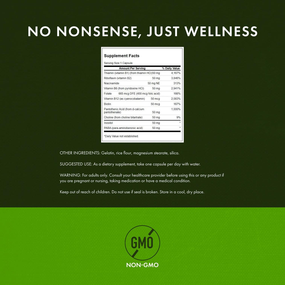 Swanson B-50 Balance capsules closeup highlighting B vitamin blend