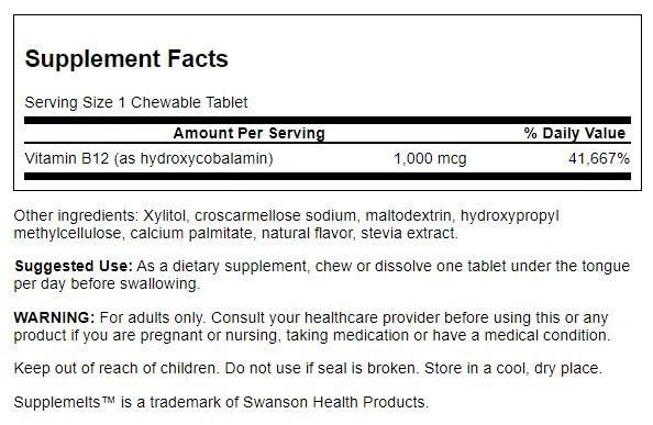 Swanson B-12 chewables close-up, vegetarian and gluten-free