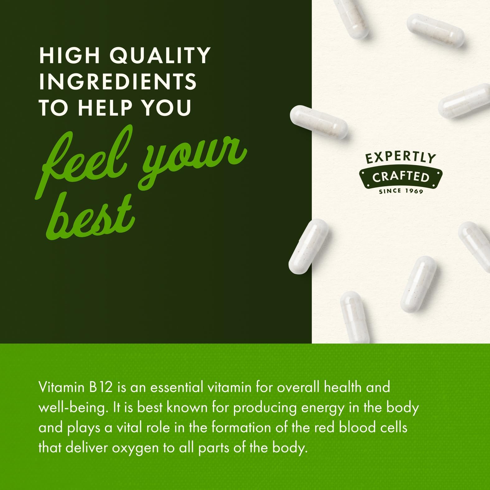 Swanson B12 label detail conveys product name, dosage, and quality commitment.