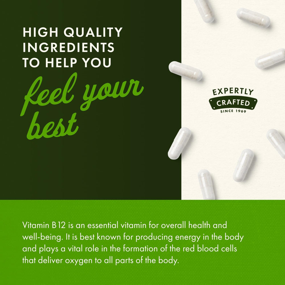 Swanson B12 label detail conveys product name, dosage, and quality commitment.